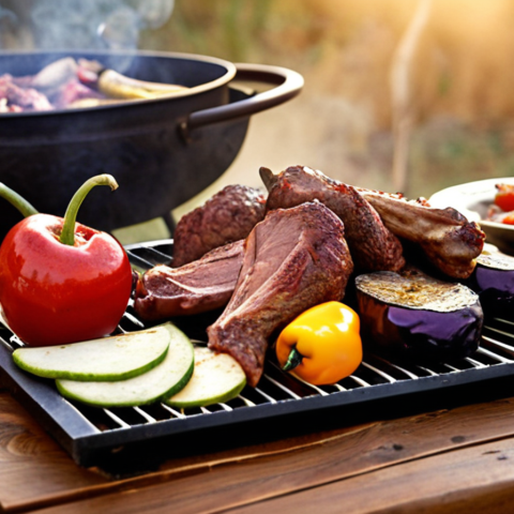 **Image Prompt:** A rustic outdoor kitchen setting in Turkey. A vibrant spread of smoked meats (lamb chops, chicken wings), vegetables (eggplant, peppers), and cheeses (çeçil, hellim) displayed on a wooden table. Smoke gently rising from a traditional Turkish mangal (grill) using apple wood. Focus on rich textures and appetizing details. Golden hour lighting.