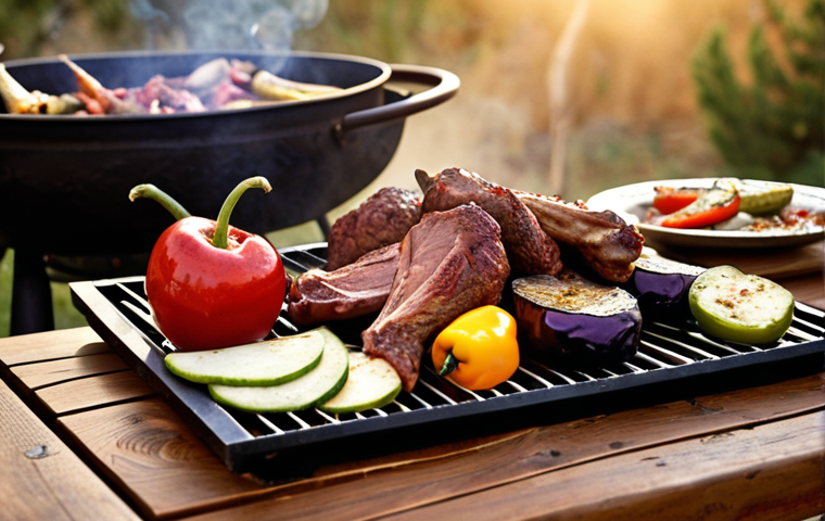 **Image Prompt:** A rustic outdoor kitchen setting in Turkey. A vibrant spread of smoked meats (lamb chops, chicken wings), vegetables (eggplant, peppers), and cheeses (çeçil, hellim) displayed on a wooden table. Smoke gently rising from a traditional Turkish mangal (grill) using apple wood. Focus on rich textures and appetizing details. Golden hour lighting.